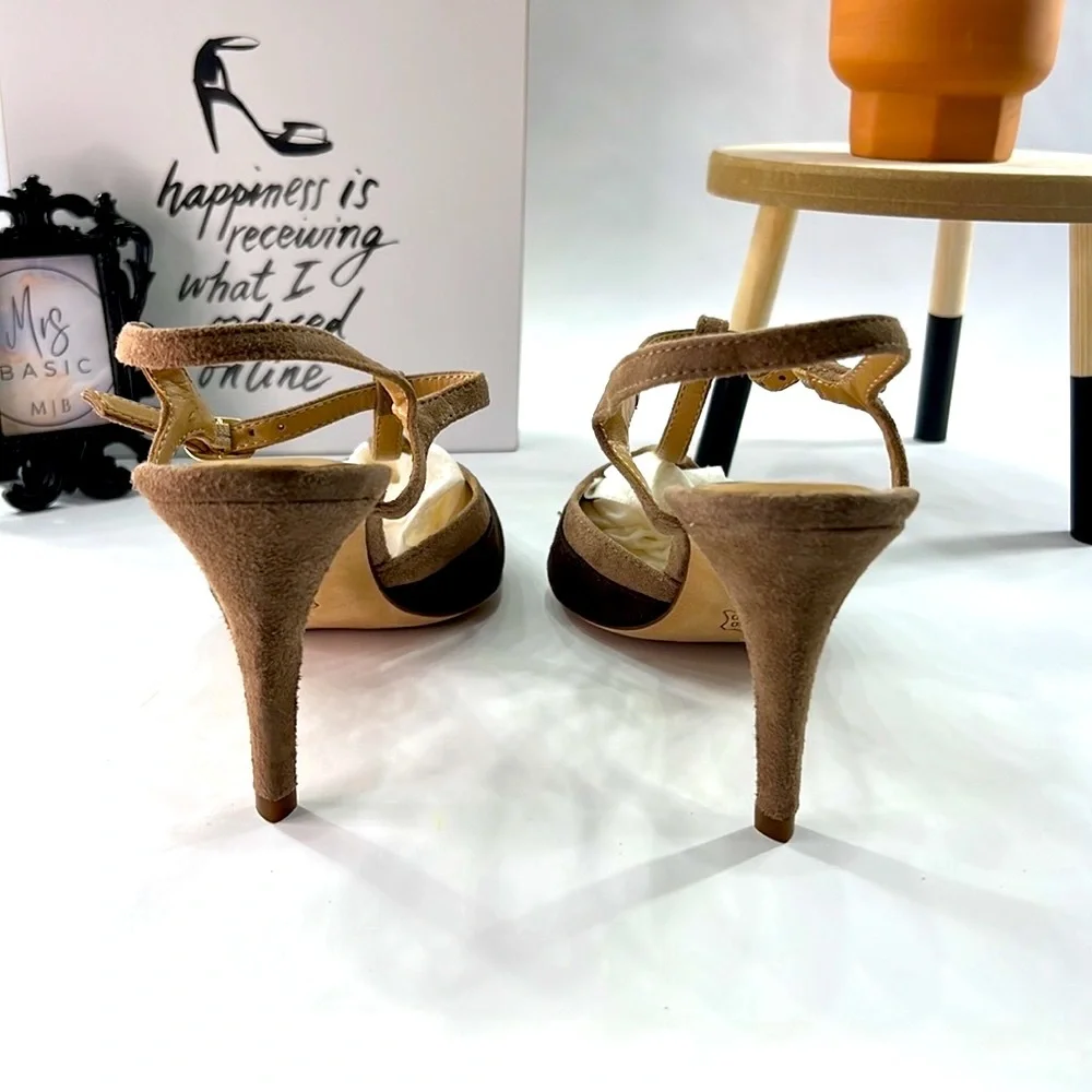 Van Eli Brown and Tan T-Strap Color-Block Suede High Heels, Size 8